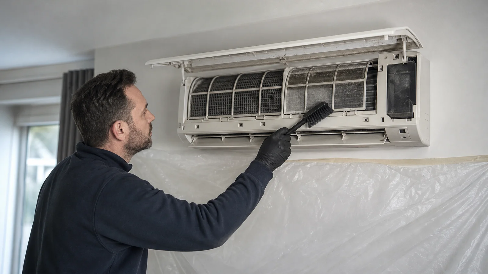 Vakman reinigt de opengeklapte binnenunit van een wandairco in een woonkamer