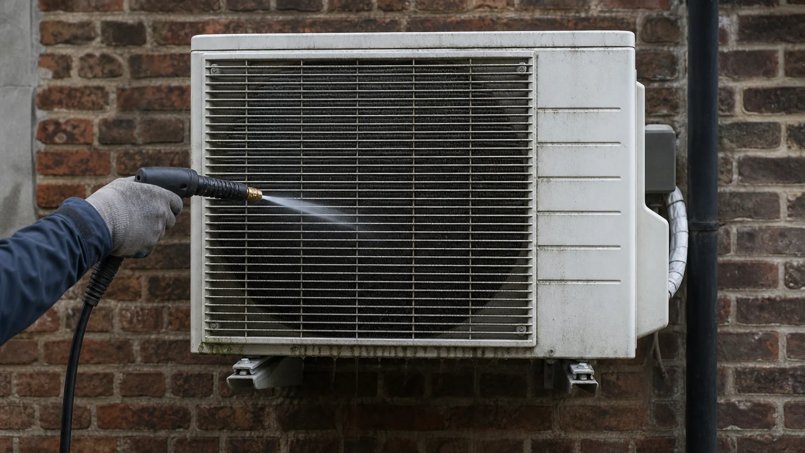 Buitenunit van een airco tegen een bakstenen gevel, met stoffige lamellen