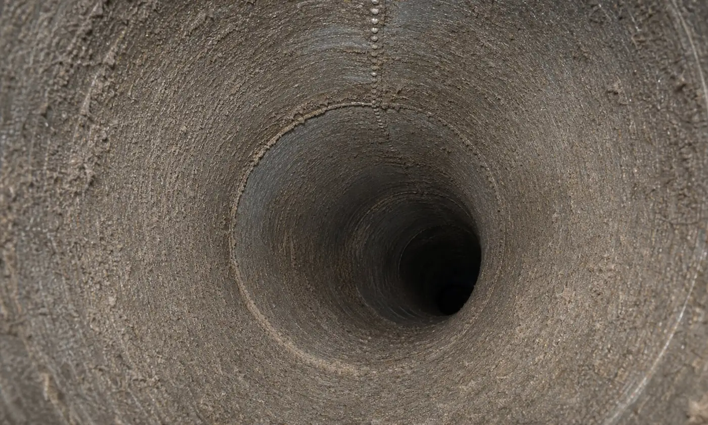 Binnenkant van een rond verzinkt luchtkanaal met een dikke grijsbruine laag stof en vet