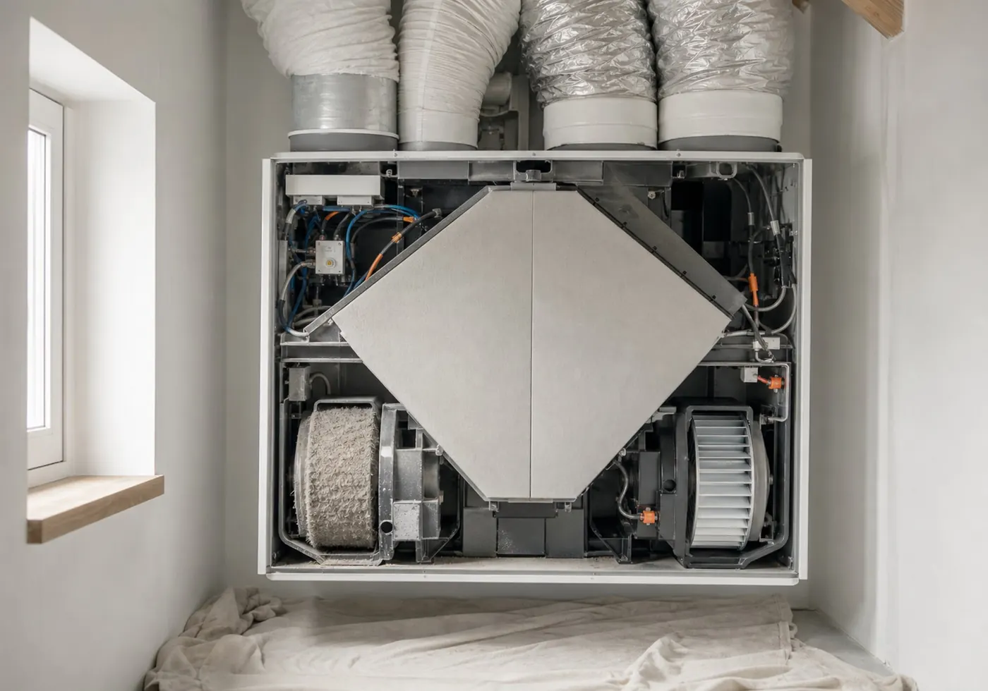 Geopende ventilatie-unit met een waaier vol vilterige stofaanslag naast een schoongemaakte waaier