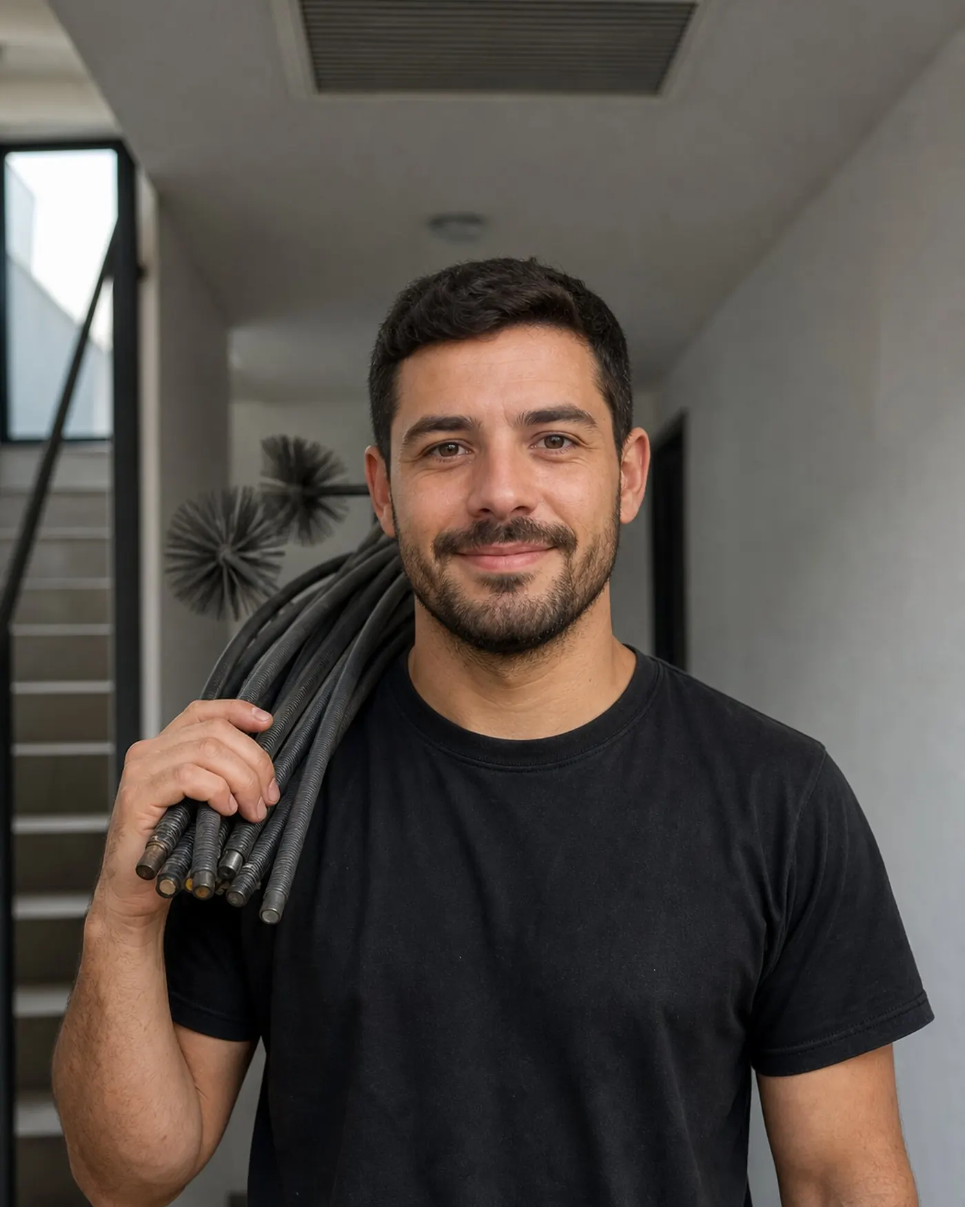 De vakman van Unik Aircleaning met een bundel kanaalborstels over de schouder, in de gang van een appartementsgebouw